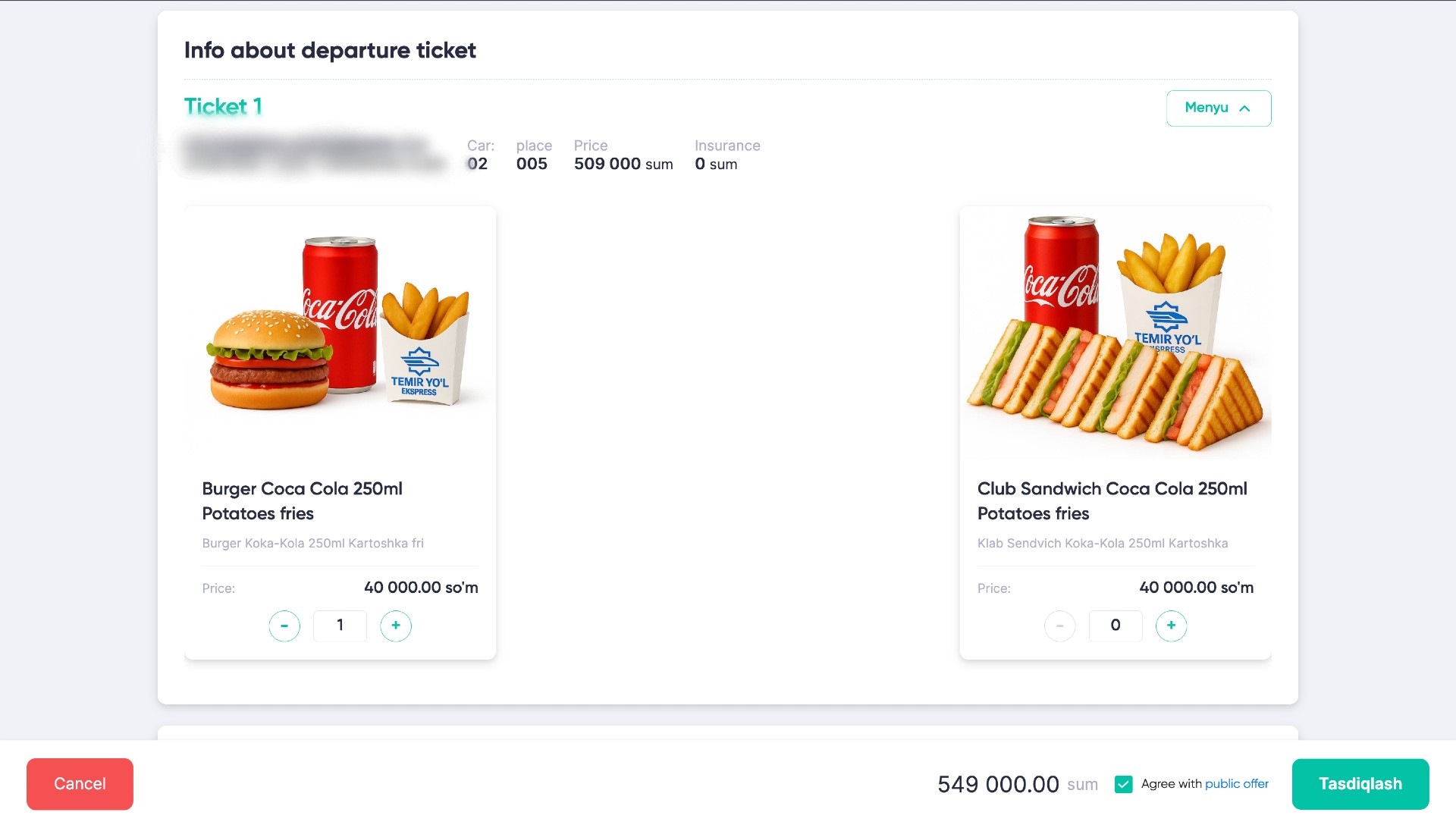 Passenger Food Ordering Interface